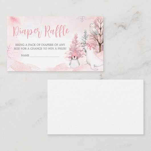 ピンク北極動物赤ちゃんシャワーおむつラッフル エンクロージャーカード (正面/裏面)