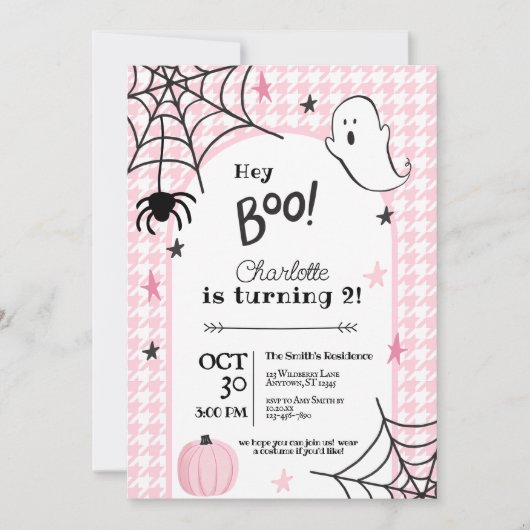 ピンク千鳥格子の不気味ハロウィーン2回目の誕生日 招待状 (正面)