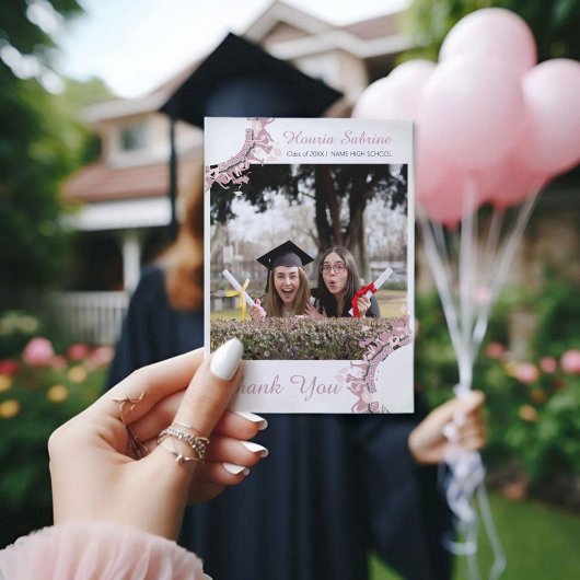 ピンク卒業生シルエット縁どサンキューカード サンキューカード