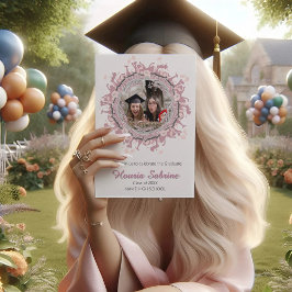 ピンク卒業生シルエット縁どフォト招待状 サンキューカード