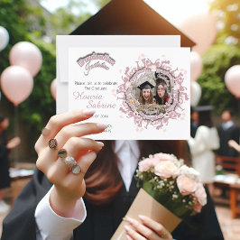 ピンク卒業生シルエット縁どフォト招待状 ポストカード