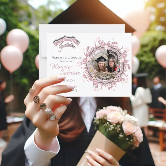 ピンク卒業生シルエット縁どフォト招待状 ポストカード