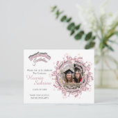 ピンク卒業生シルエット縁どフォト招待状 ポストカード (スタンド正面)