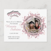 ピンク卒業生シルエット縁どフォト招待状 ポストカード (正面)