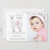 ピンク及びアイボリーのかわいいラマの子供の誕生日のパーティー 招待状 (正面)