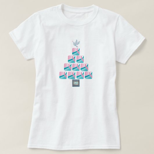 ピンク及びティール(緑がかった色)のクリスマスツリー! Tシャツ (デザイン正面)