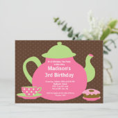ピンク及びブラウンのお茶会の誕生日のパーティの招待状 招待状 (スタンド正面)