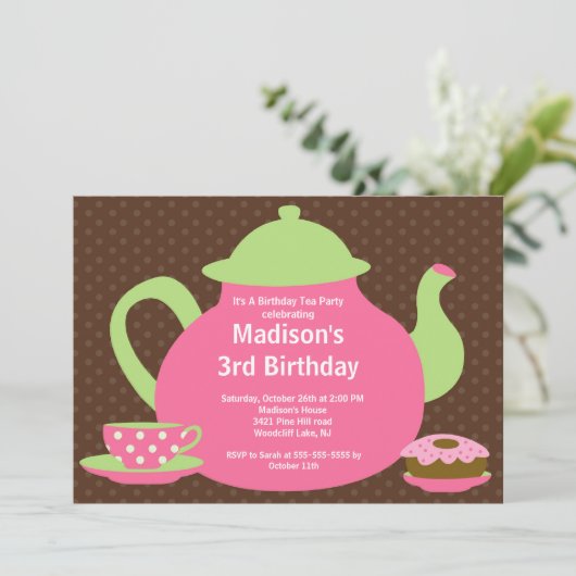 ピンク及びブラウンのお茶会の誕生日のパーティの招待状 招待状 (スタンド正面)