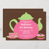 ピンク及びブラウンのお茶会の誕生日のパーティの招待状 招待状 (正面/裏面)