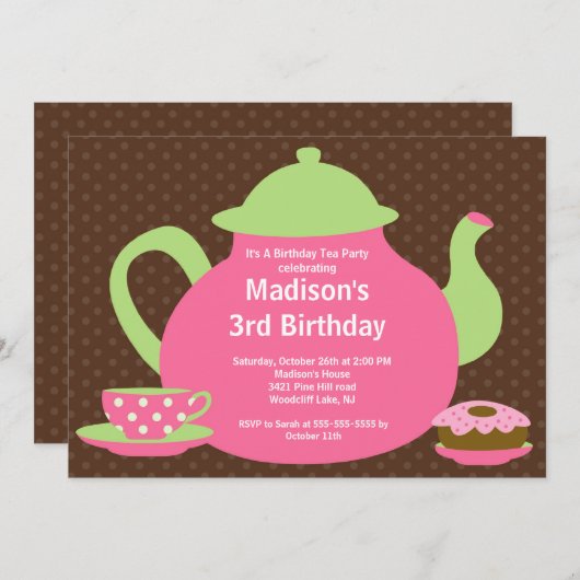 ピンク及びブラウンのお茶会の誕生日のパーティの招待状 招待状 (正面/裏面)