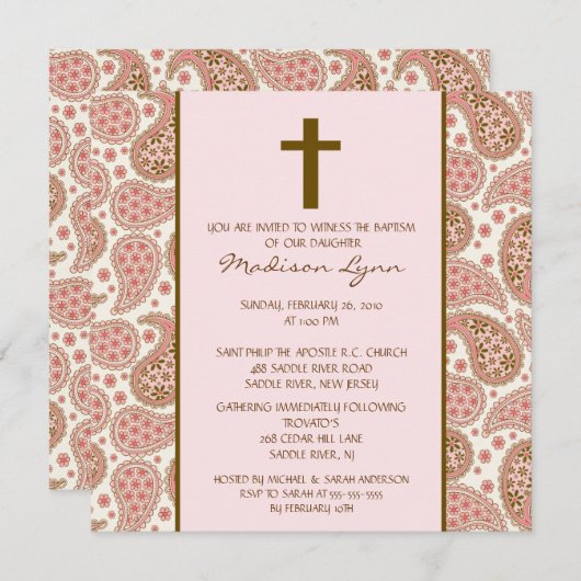 ピンク及びブラウンのペイズリーの女の赤ちゃんの洗礼Inviation 招待状 (正面/裏面)
