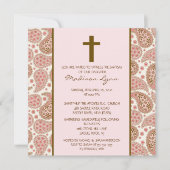 ピンク及びブラウンのペイズリーの女の赤ちゃんの洗礼Inviation 招待状 (正面)