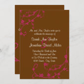 ピンク及びブラウンの花の渦巻の結婚式招待状 招待状 (正面/裏面)