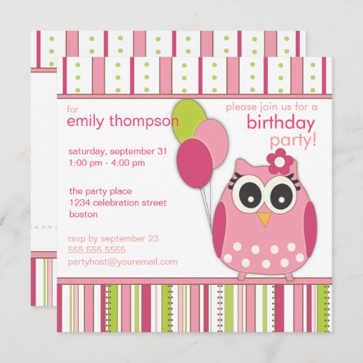 ピンク及びライムのガーリーなフクロウの誕生日のパーティの招待状 招待状 (正面/裏面)