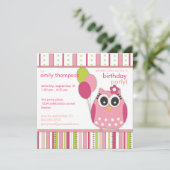 ピンク及びライムのガーリーなフクロウの誕生日のパーティの招待状 招待状 (スタンド正面)