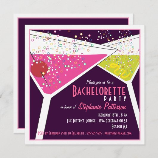 ピンク及びライムのマルティーニのバチェロレッテの招待状 招待状 (正面/裏面)