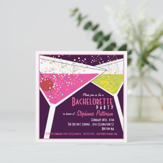 ピンク及びライムのマルティーニのバチェロレッテの招待状 招待状 (スタンド正面)