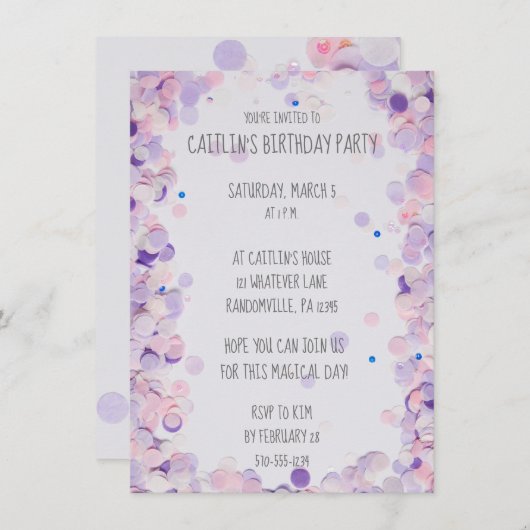 ピンク及びラベンダーの紙吹雪の女の子の誕生会 招待状 (正面/裏面)