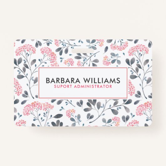 ピンク及び灰色の水彩画の花模様 バッジ (正面)