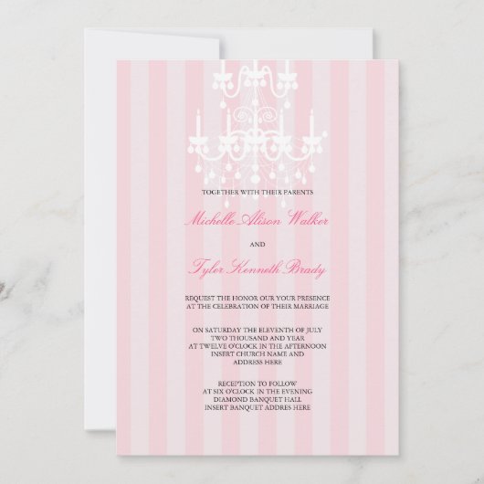 ピンク及び白いシャンデリアのストライプな招待状 招待状 (正面)