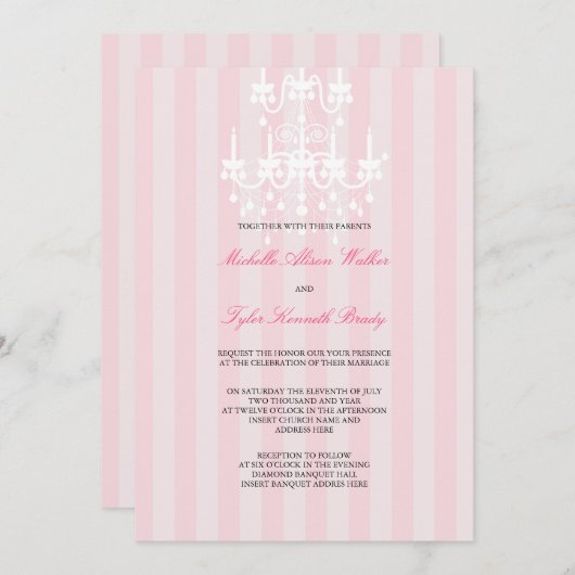ピンク及び白いシャンデリアのストライプな招待状 招待状 (正面/裏面)