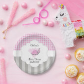 ピンク及び白い格子縞および灰色のストライプのベビー象 ペーパープレート (パーティー)