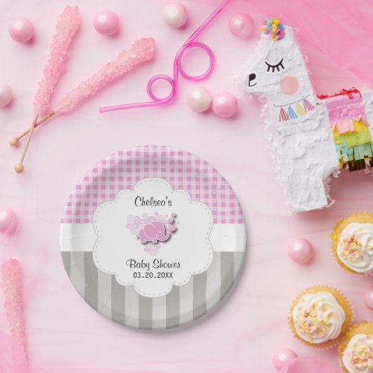 ピンク及び白い格子縞および灰色のストライプのベビー象 ペーパープレート (パーティー)