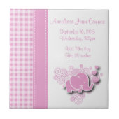 ピンク及び白い格子縞のベビー象の誕生情報 タイル (正面)