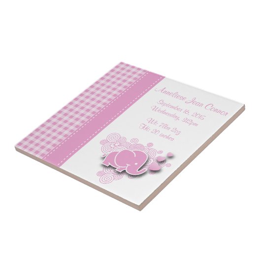 ピンク及び白い格子縞のベビー象の誕生情報 タイル (側面)