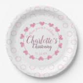 ピンク及び白い花のプレートに洗礼を施している女の赤ちゃん ペーパープレート (正面)