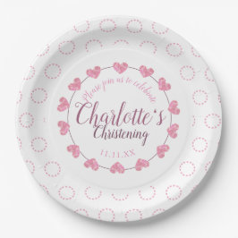 ピンク及び白い花のプレートに洗礼を施している女の赤ちゃん ペーパープレート