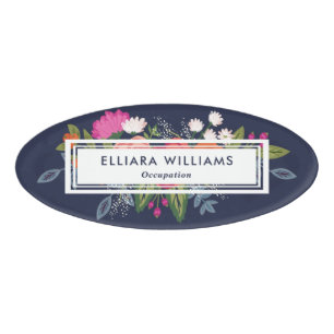 ピンク及び白い花模様の濃紺 名札