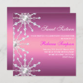 ピンク及び白のきらめくの雪片の誕生日の招待 招待状 (正面/裏面)