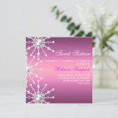 ピンク及び白のきらめくの雪片の誕生日の招待 招待状 (スタンド正面)
