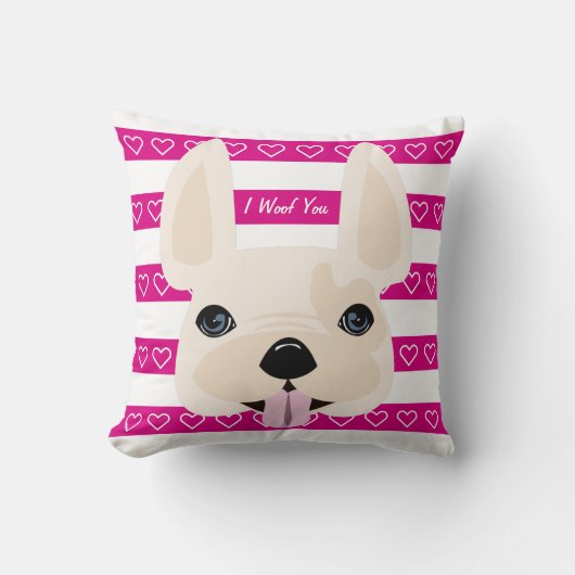 ピンク及び白IのWoof装飾的な枕! クッション (正面)