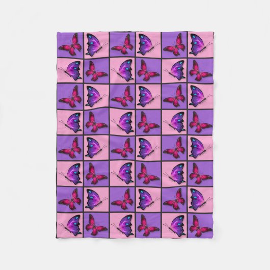 ピンク及び紫色のパッチワークの蝶 フリースブランケット (正面)