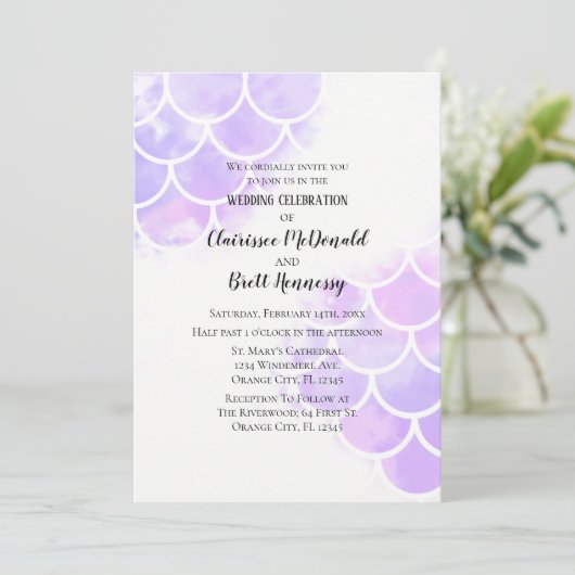 ピンク及び紫色の人魚の刺激を受けたな結婚式招待状 招待状 (スタンド正面)