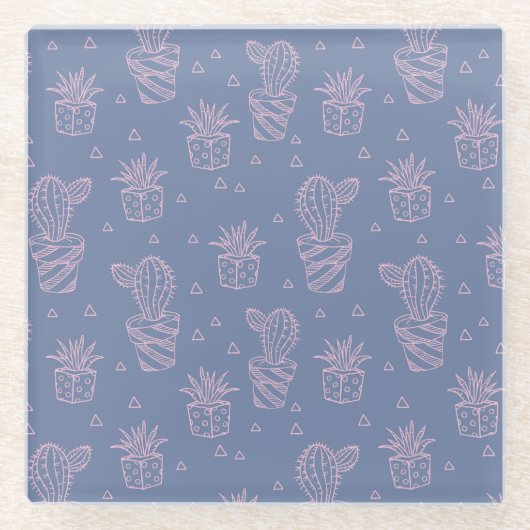 ピンク及び紫色の漫画のサボテンパターン ガラスコースター (正面)