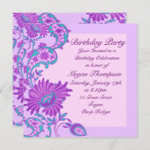 ピンク及び紫色の緑豊かな花の誕生日の招待状 招待状 (正面/裏面)