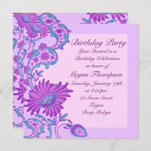 ピンク及び紫色の緑豊かな花の誕生日の招待状 招待状 (正面/裏面)