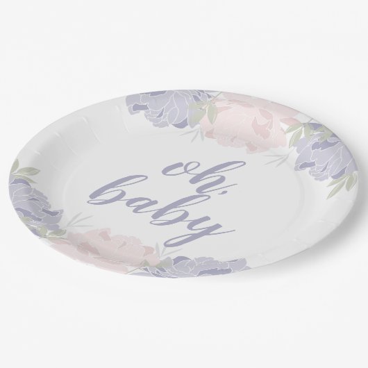 ピンク及び紫色の花のシャクヤクのOhベビーのベビーシャワー ペーパープレート (アングル)