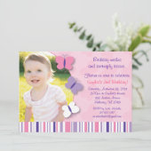 ピンク及び紫色の蝶写真の誕生日の招待状 招待状 (スタンド正面)