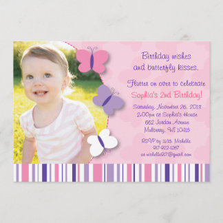 ピンク及び紫色の蝶写真の誕生日の招待状 招待状