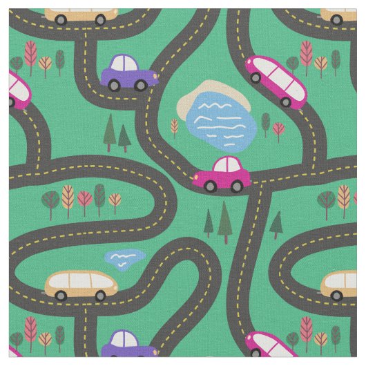 ピンク及び紫色車-子供の道路図 ファブリック (クローズアップ)