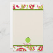 ピンク及び緑のペイズリーのAppleの先生の文房具 便箋 (正面/裏面)