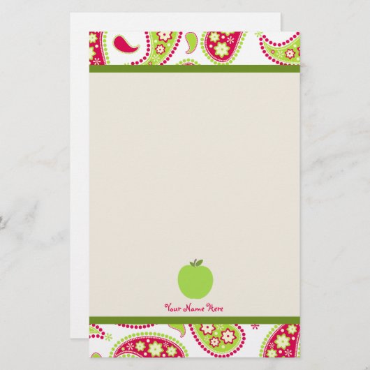 ピンク及び緑のペイズリーのAppleの先生の文房具 便箋 (正面/裏面)