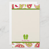 ピンク及び緑のペイズリー、緑のビーチサンダルの文房具 便箋 (正面/裏面)