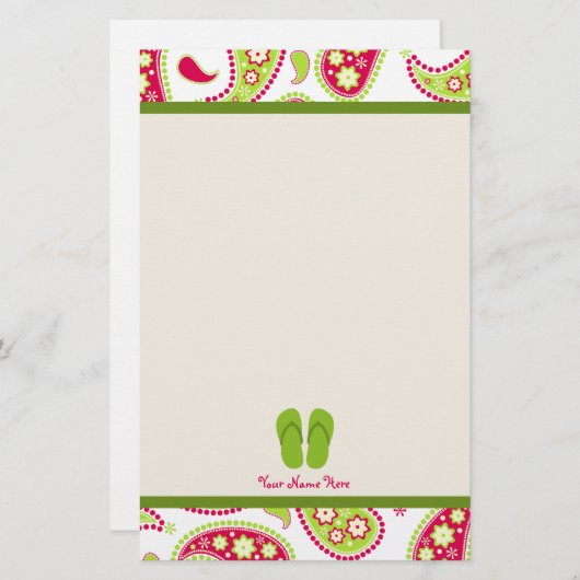 ピンク及び緑のペイズリー、緑のビーチサンダルの文房具 便箋 (正面/裏面)
