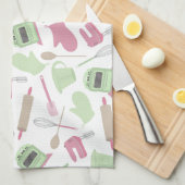 ピンク及び緑の料理のテーマの台所タオル キッチンタオル (四つ折り)
