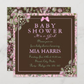 ピンク及び緑の緑豊かな花のベビーシャワーの招待 招待状 (正面/裏面)